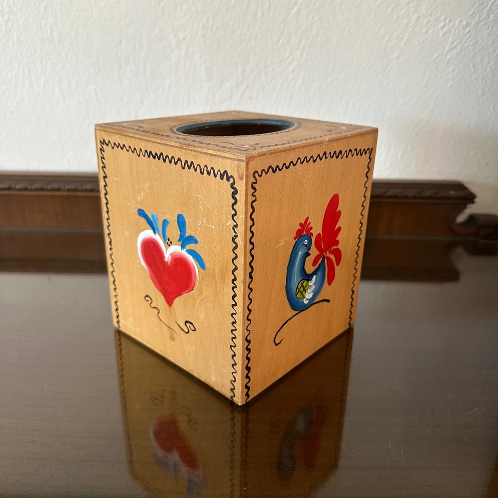Vintage Hand Painted Wood Tissue Box Cover Rooster Heart Folk Art Tole Sally 83